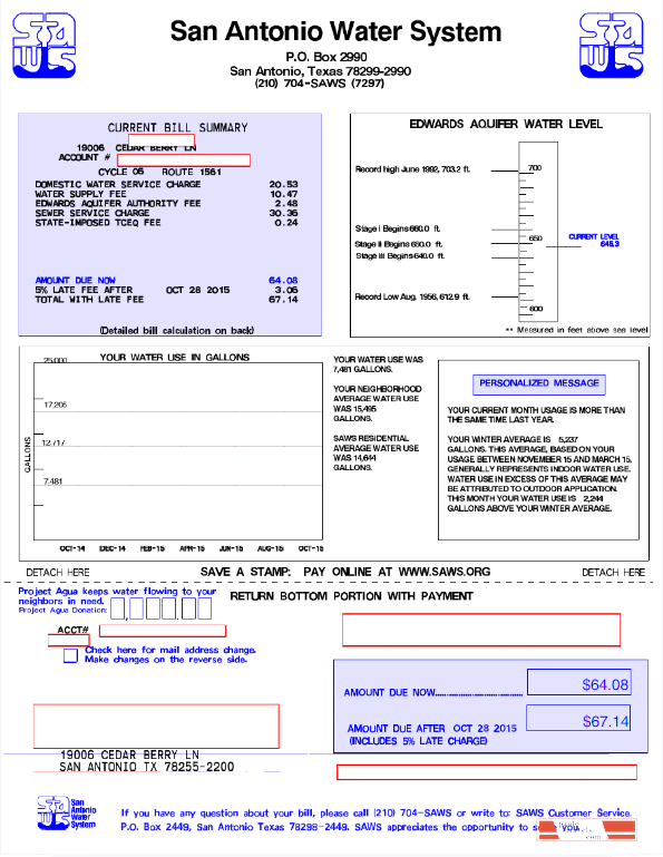 USA SAN ANTONIO WATER SYSTEM utility bill Word and PDF template